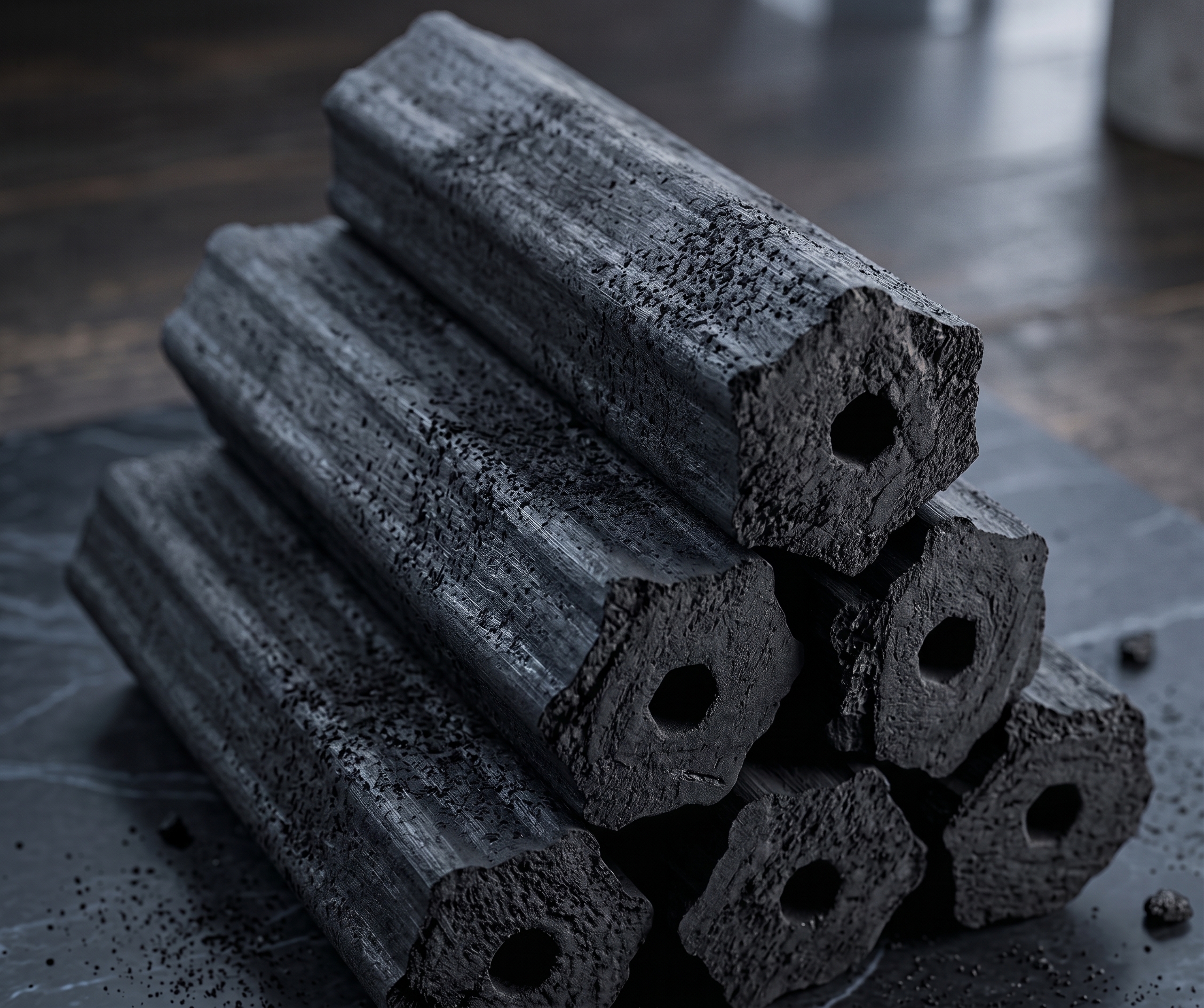 Charcoal briquettes on field
